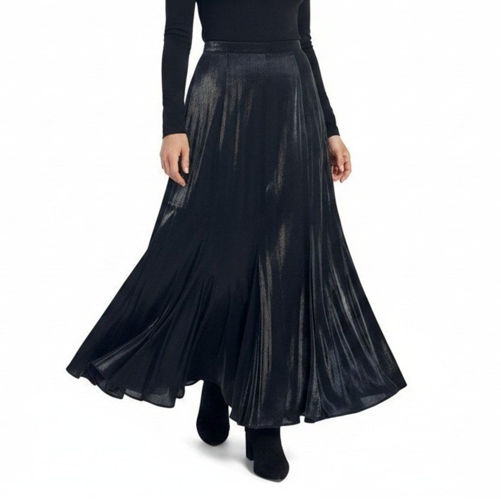Black Gored Flare Maxi Skirt 14 Metallic Shimmer NWT Whimsigoth Goth 90s Formal